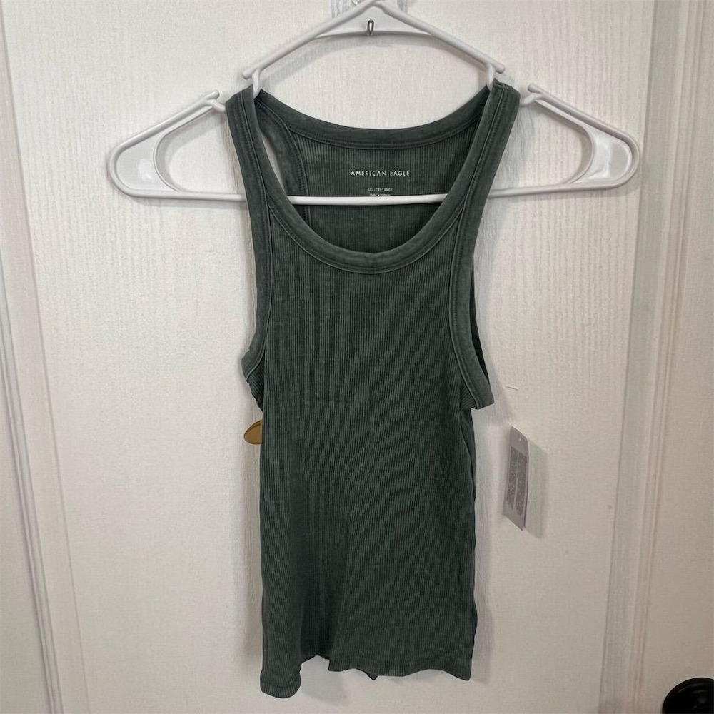 American Eagle Green Ribbed Racerback Tank Top XXS Mineral Wash 0366-5069-395